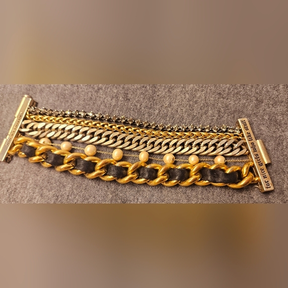 Juicy Couture Gold Multiple Bangle Bracelet Multi Strand Pearl Pave Black Ribbon - Picture 8 of 13